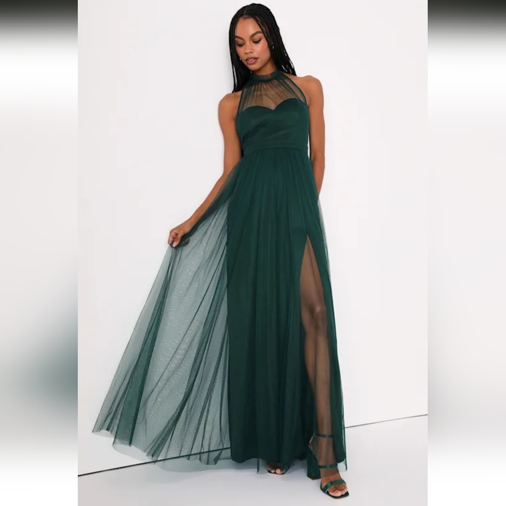 NWT Lulus Regal Drama Emerald Green Tulle Halter Maxi Dress, M